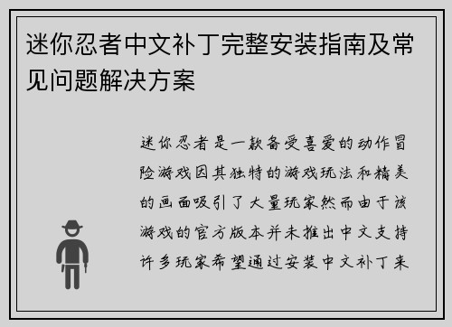 迷你忍者中文补丁完整安装指南及常见问题解决方案