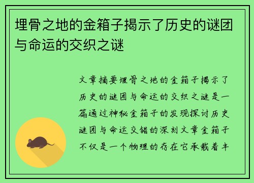 埋骨之地的金箱子揭示了历史的谜团与命运的交织之谜 埋骨之地的金箱子揭示了历史的谜团与命运的交织之谜